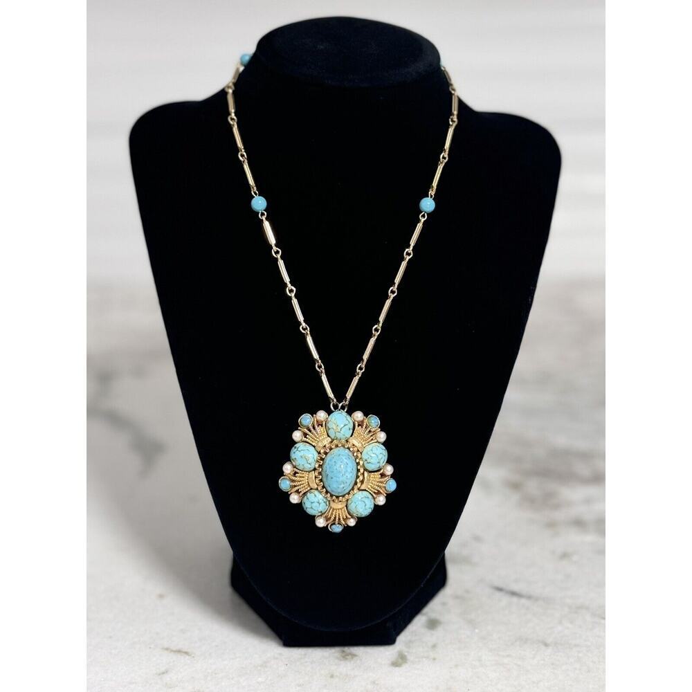 Vintage Turquoise Glass Pearl Cabochon Pendant Brooch Necklace